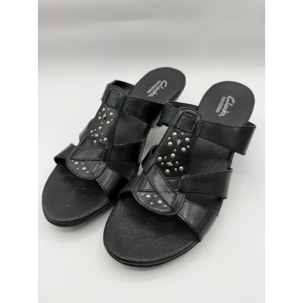 Clarks Bendables Slide Sandals Women 7.5M Black‎ Leather Studded Wedge 81966